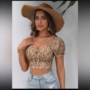 Floral Print Knot Front Frill Trim Crop Tee
Multicolor